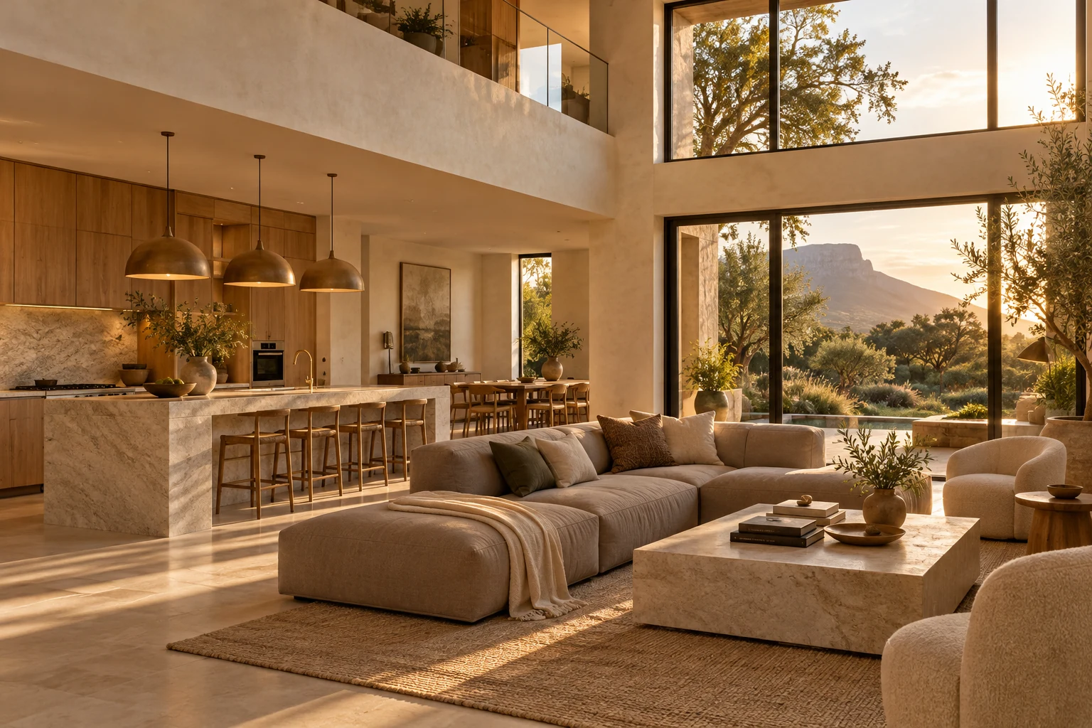 Illustrative concept of a bright living room with natural finishes