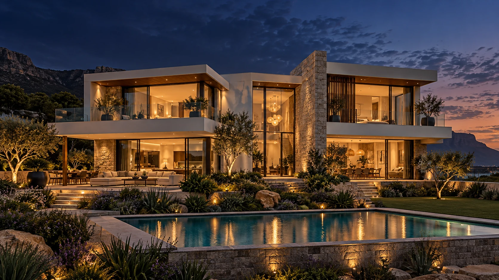 Illustrative concept of a contemporary home with warmly lit windows at dusk